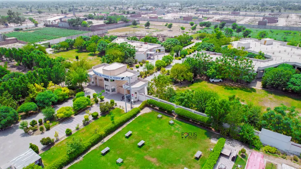 Aerial view of the MAIST campus gate and green grounds on Bypass Road, Layyah
